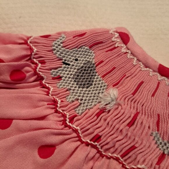 Dibble Dabble girls size 12 months pink with red dot elephant design in smocking - Picture 2 of 6